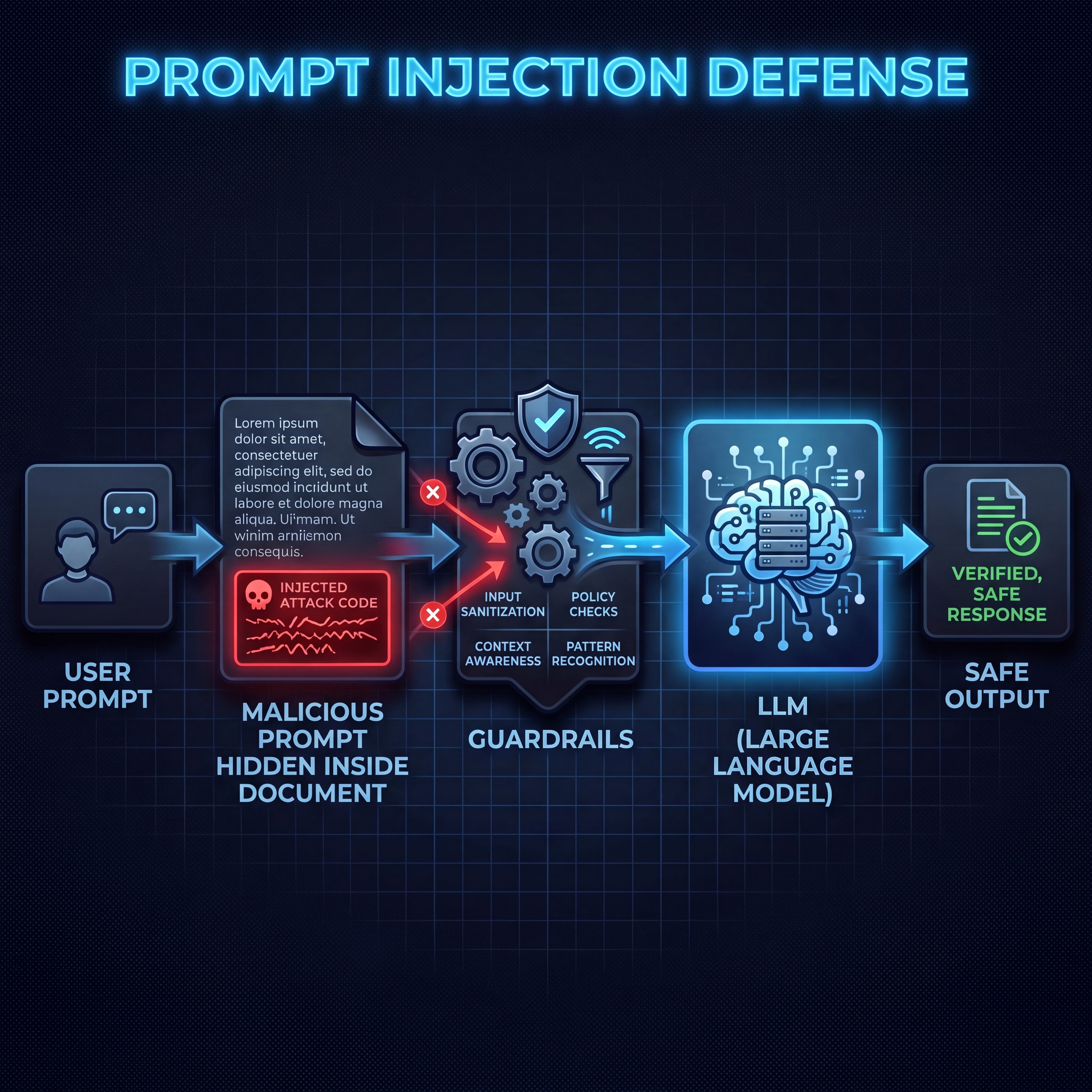 Layered AI security defenses protecting conversational inputs and instructions